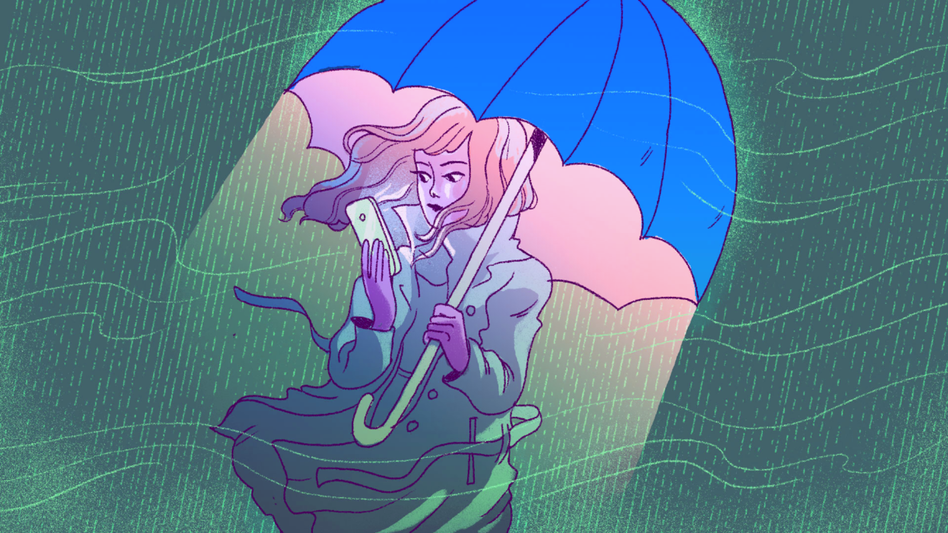 A white girl in a raincoat with shoulder length hair looks at her phone in one hand. In the other she holds a twitter-blue umbrella that is shielding her from rain.