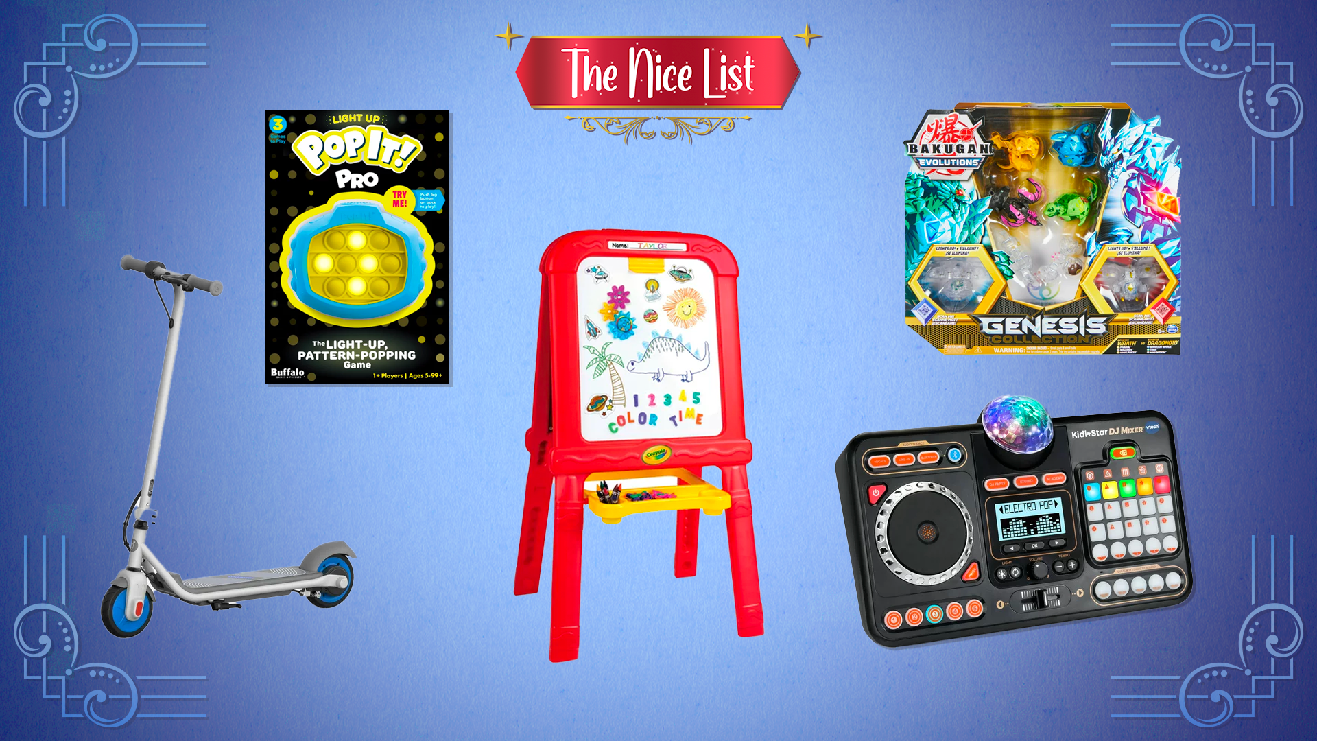 Connect 4 Spin Game, Hot Wheels Finger Skate Park Set , Bakugan Genesis Collection Pack, VTech Level Up Preschool Gaming Station, Segway C9 Folding Electric Scooter, Crayola Creative Fun Double Easel, and VTech KidiStar DJ Mixer