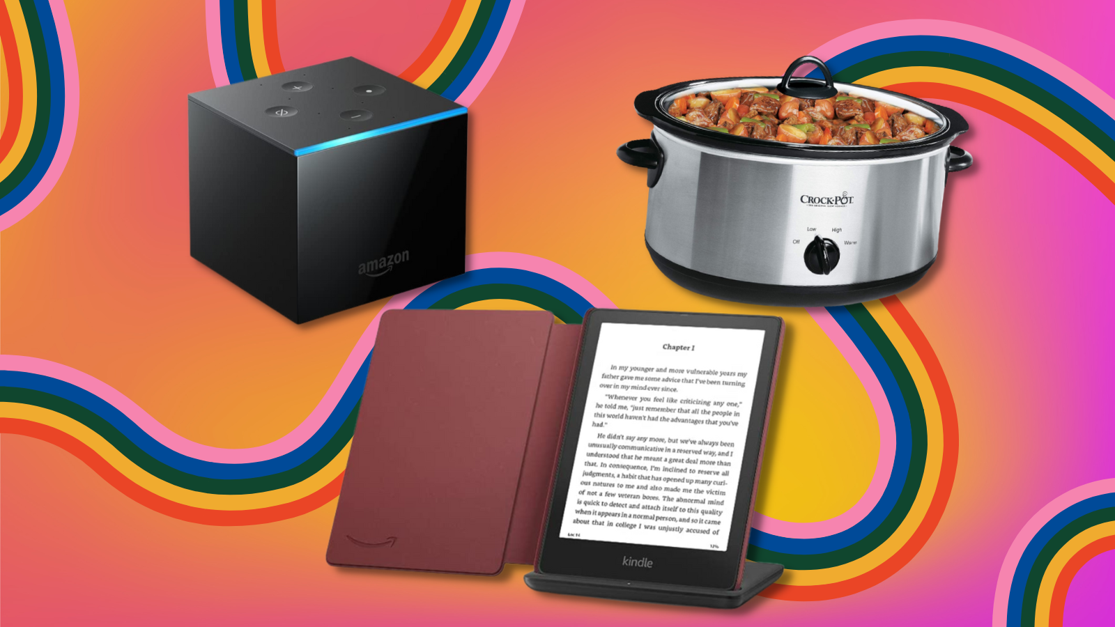 fire tv cube, crockpot, and fire tablet with colorful background