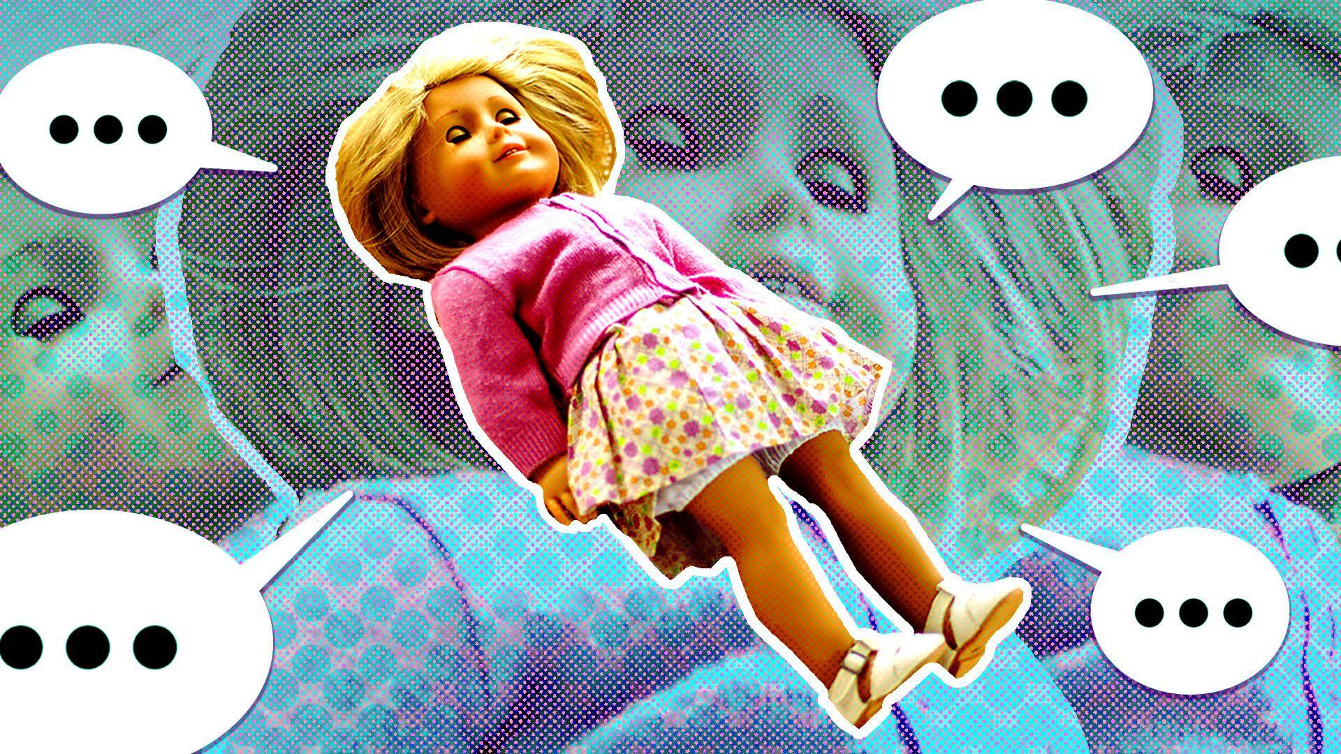The American Girl doll Kit Kittredge suspended in space surrounded by chat bubbles. 