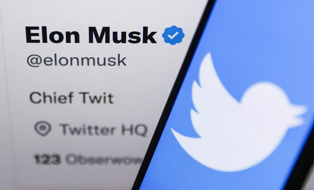 Elon Musk's verified Twitter account on a smartphone in front of the Twitter logo.