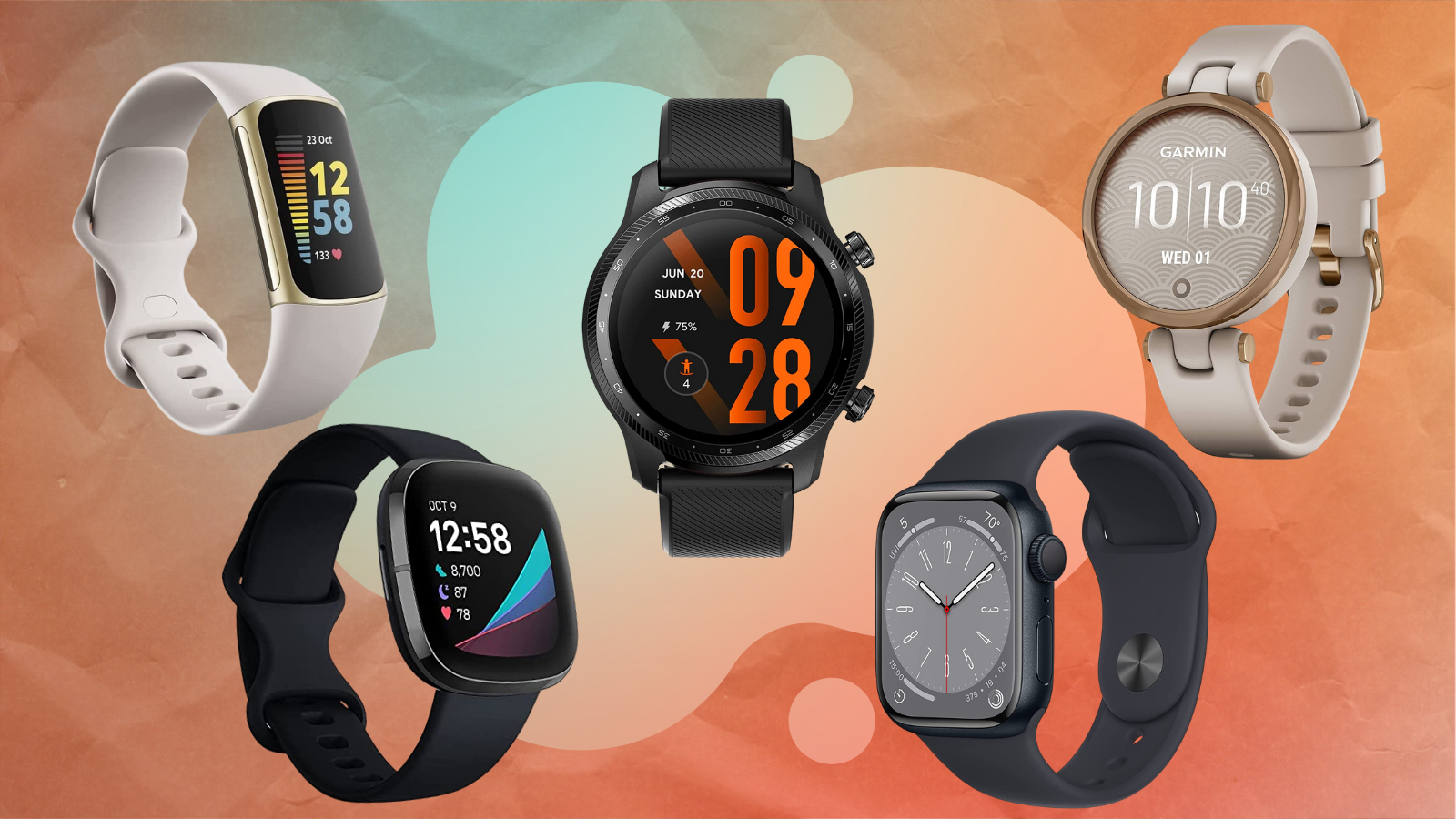 smartwatches and fitness trackers with an orange and blue background