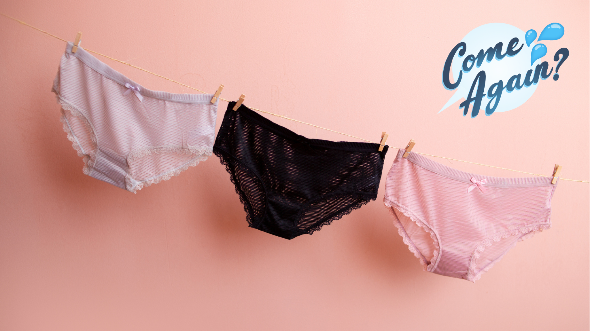 Three pairs of women's underwear hung up on a washing line with a pink background. 