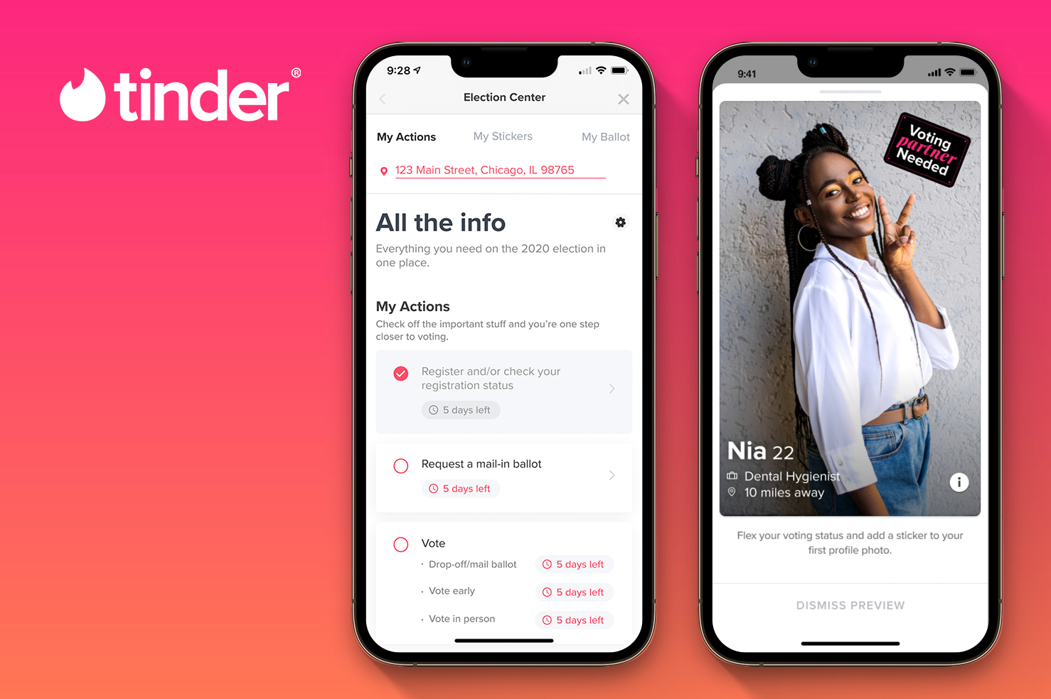 The Tinder logo appears next to two phone screens, one showing some information title Election Center, the other showing a profile of a young woman.