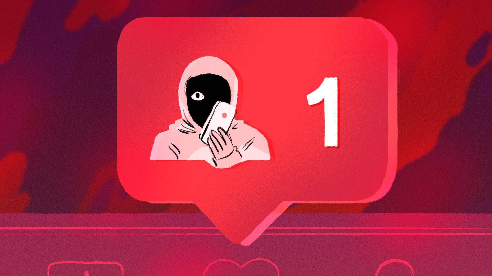 Instagram heart with a hooded, shaded character lurking on a phone
