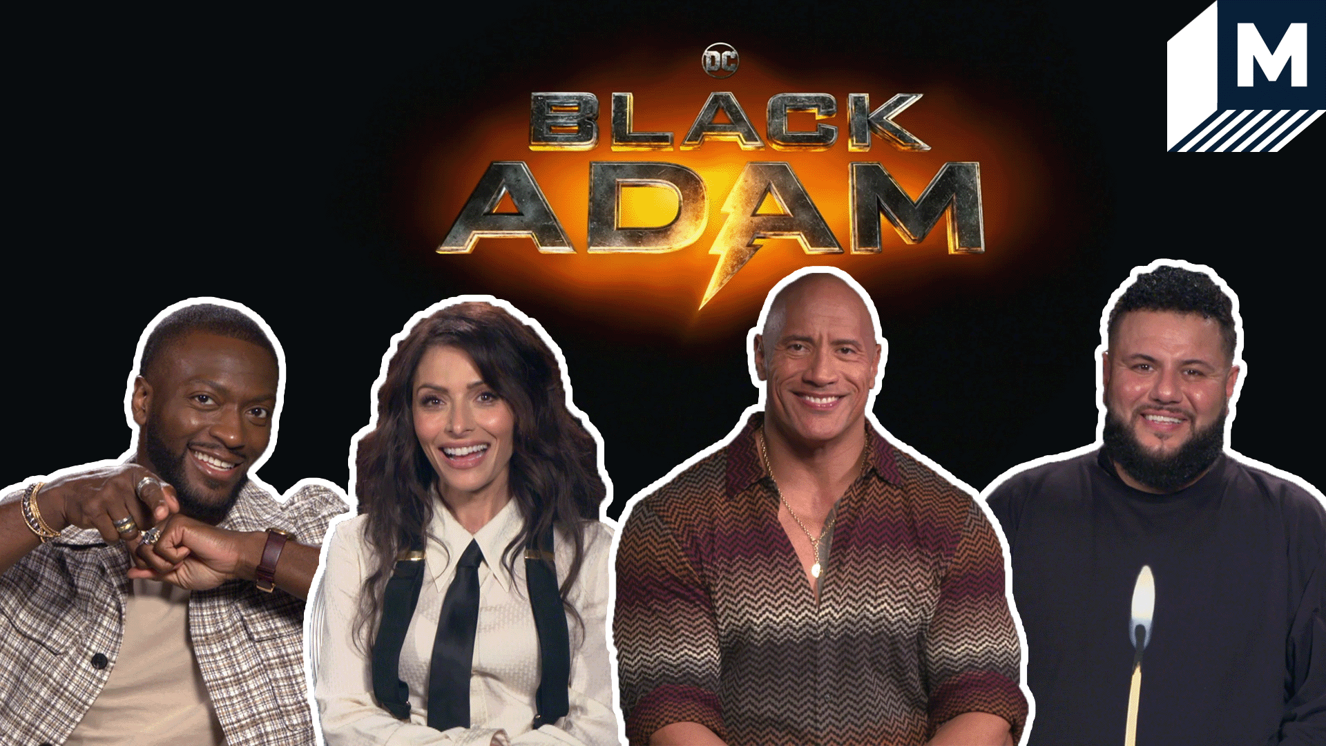 Dwayne Johnson, Aldis Hodge, Sarah Shahi and Mohammed Amer smiling in front of the Black Adam Logo
