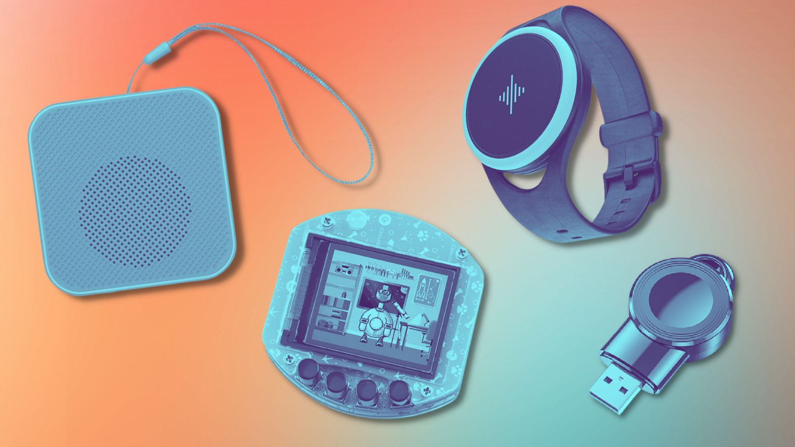 speaker, digital pet, watch, and usb charger with blue tint and orange and blue background
