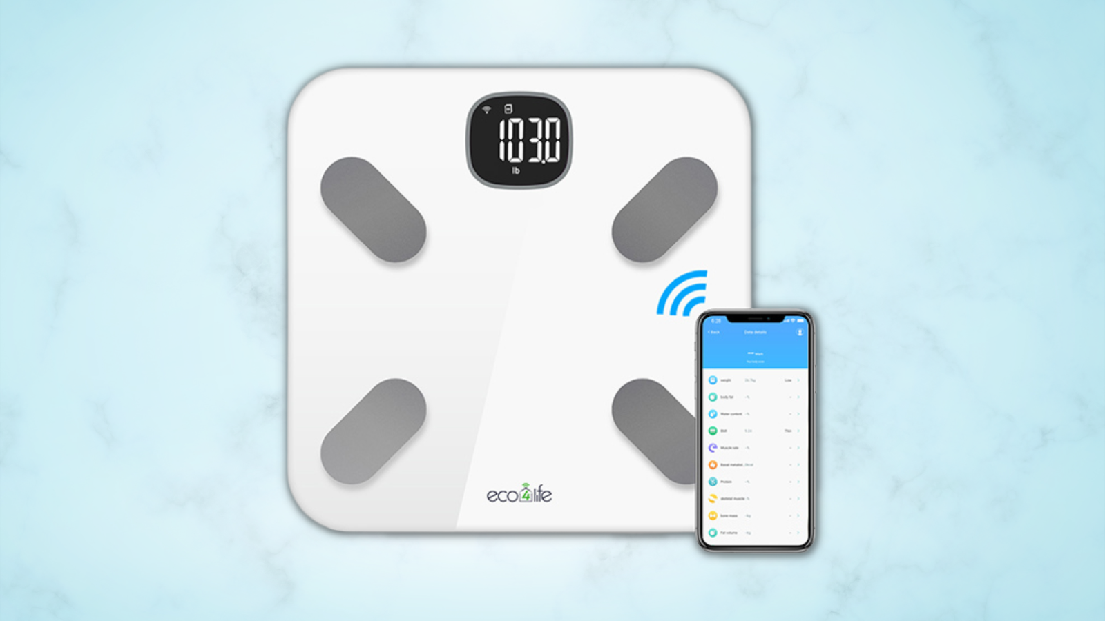 smart wifi digital body fat scale in white with blue background
