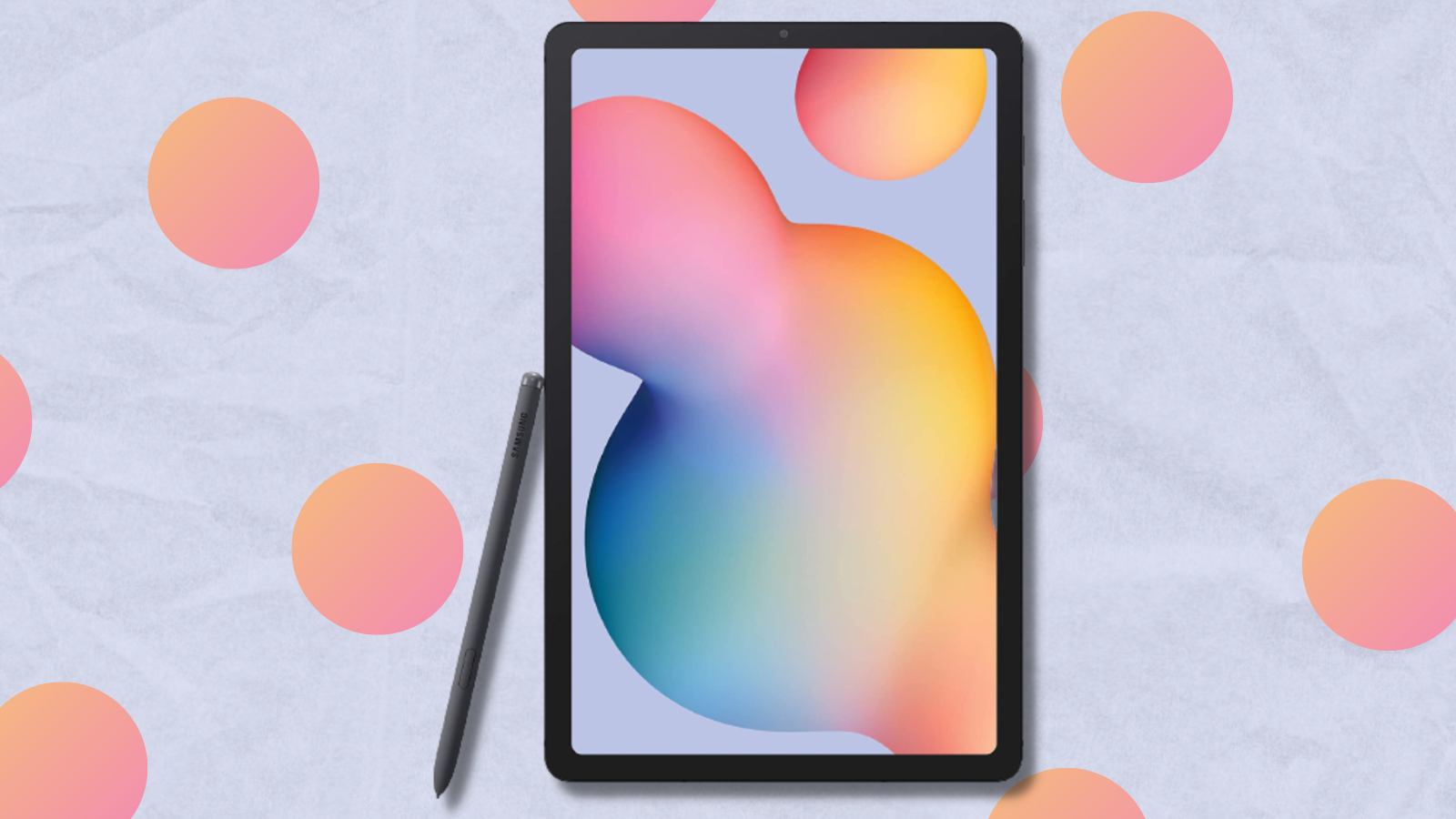 samsung galaxy tab s6 lite with stylus s pen and blue background