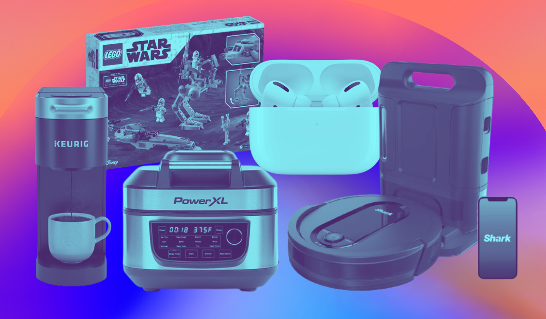Coffee maker, Lego box, air fryer, AirPods, and robot vacuum on colorful graphic