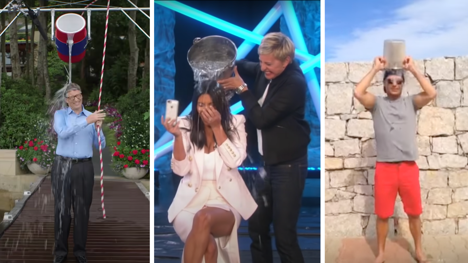 Three screenshots of celebs doing the challenge, all mid-water dump. From left to right: Bill Gates, Kim Kardashian being splashed by Ellen DeGeneres, and Ryan Seacrest.
