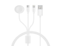 3-in-1 USB-C, iPhone, and Apple Watch Cable on a white background.
