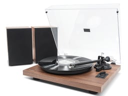 mbeat® Bluetooth Hi-Fi Turntable with Speakers on a white background.