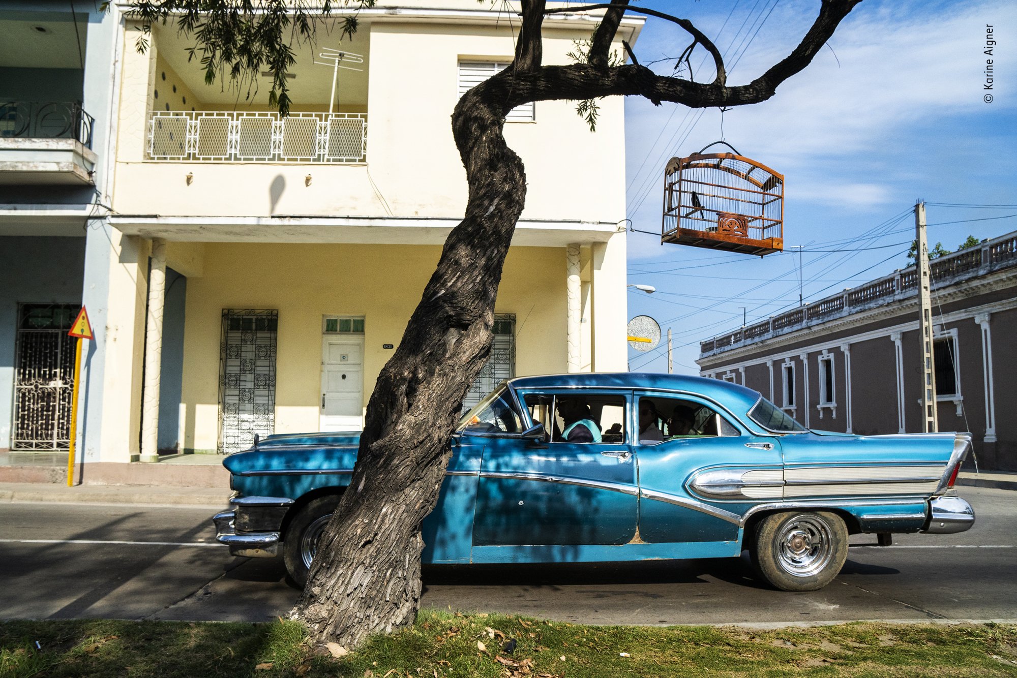 A street in Cuba, with a blue car and a small bird's cage hanging from a tree.