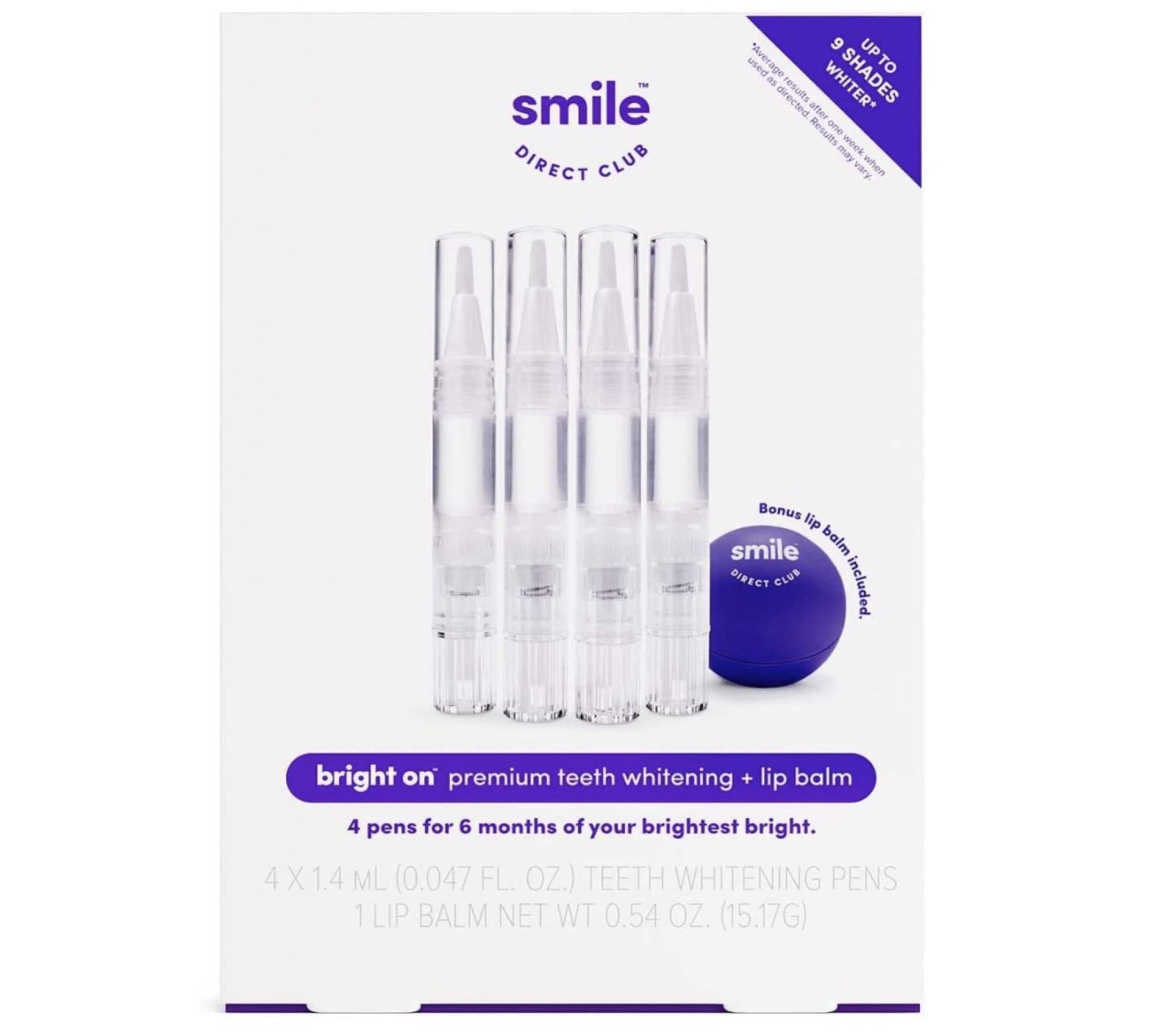 SmileDirectClub Teeth Whitening Kit (4-pack) with Lip Balm on a white background.