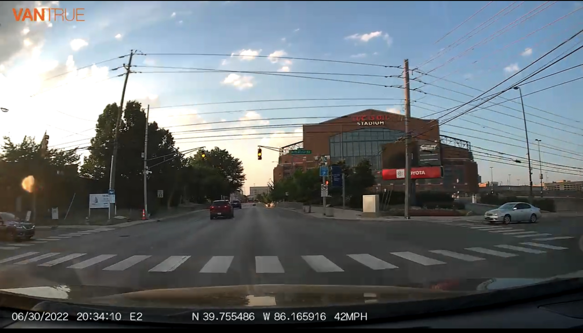 screengrab of dashcam view with time stamps, positioning, and car speed