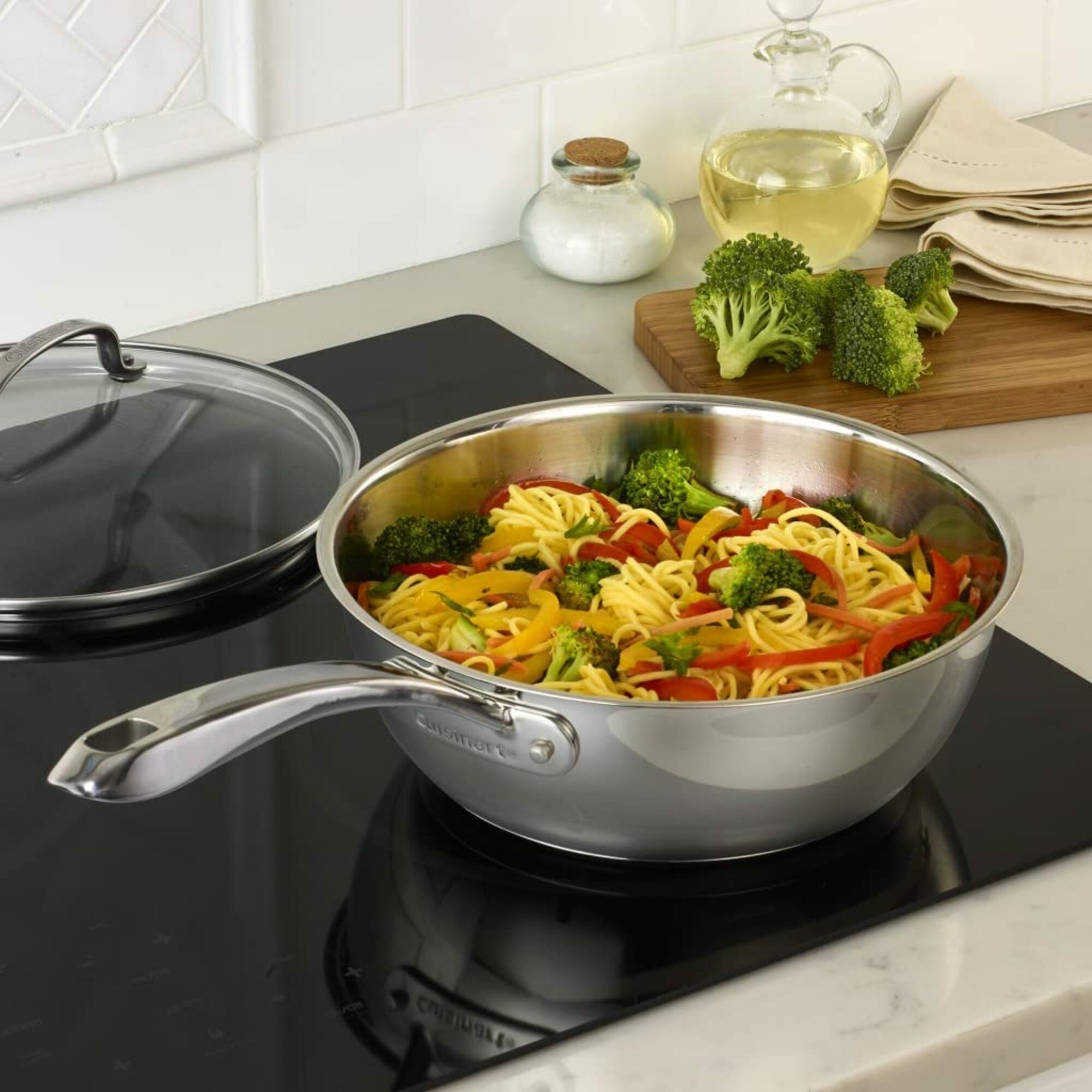 The Cuisinart Stainless Steel Chef's Pan (3 quarts) used to cook a meal.