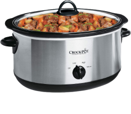 crockpot in silver with stew cooking inside