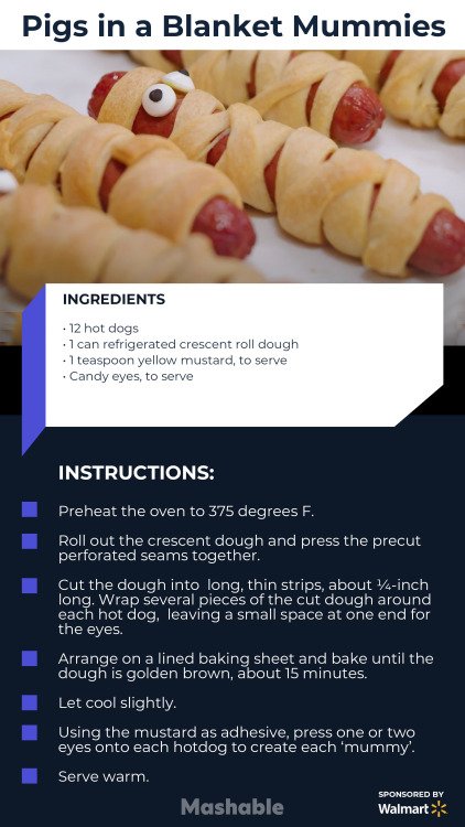 Recipe card information for the Pigs in a Blanket Mummies