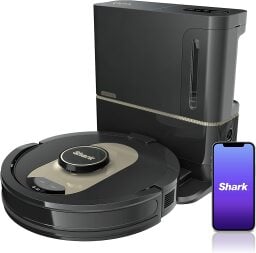Shark self emptying robot vacuum and smartphone with purple Shark screen