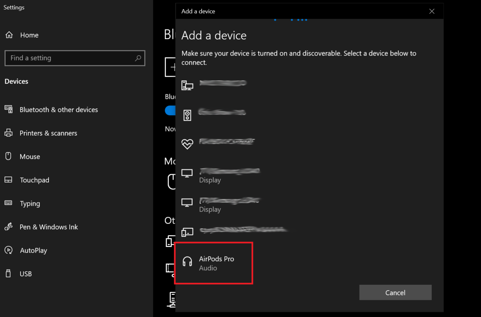 AirPods device showing up in Bluetooth settings on a Windows PC