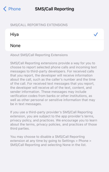 Menu for SMS/Call Reporting for Hiya