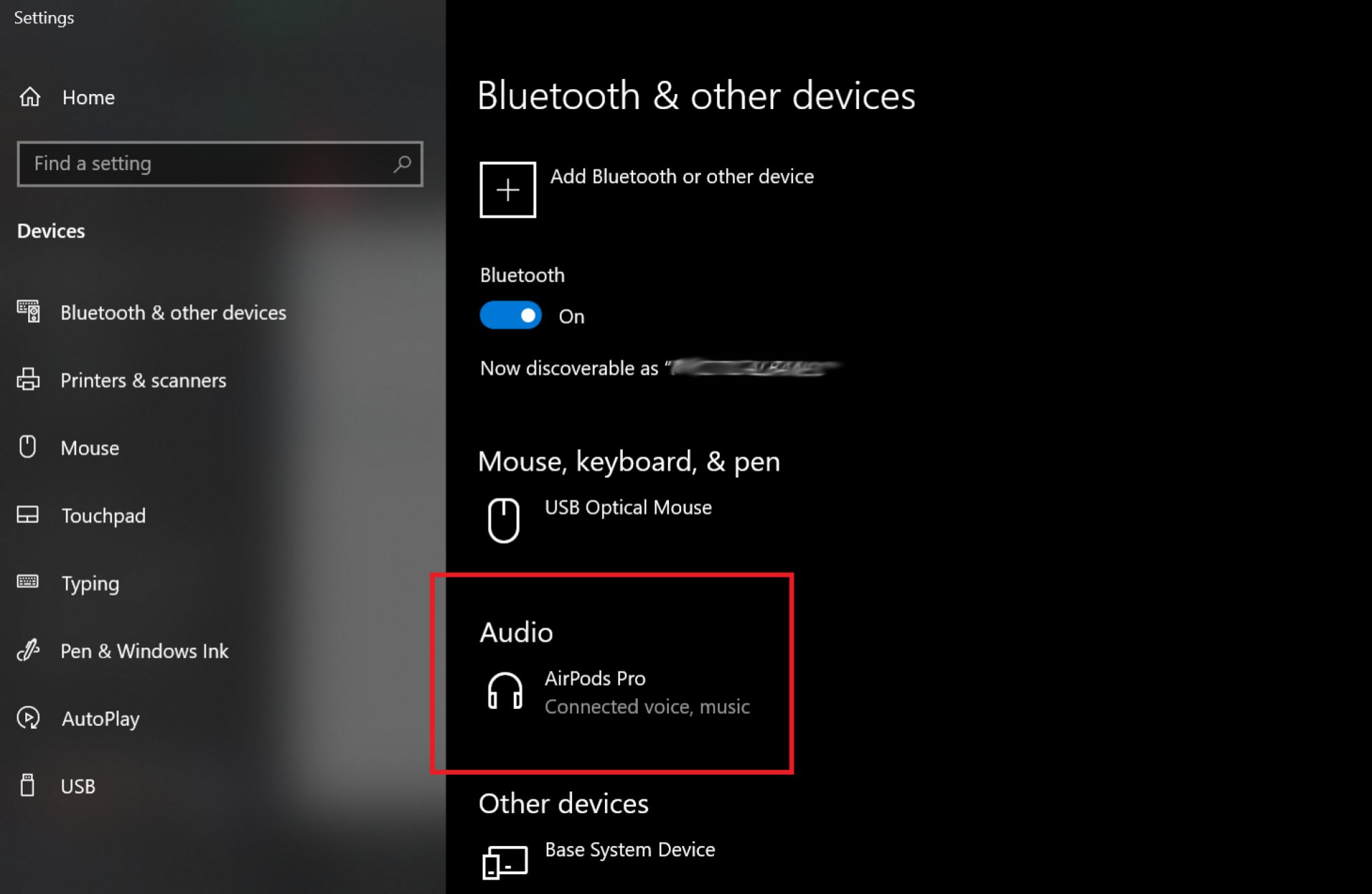 Windows PC settings showing the AirPods in a list of available devices