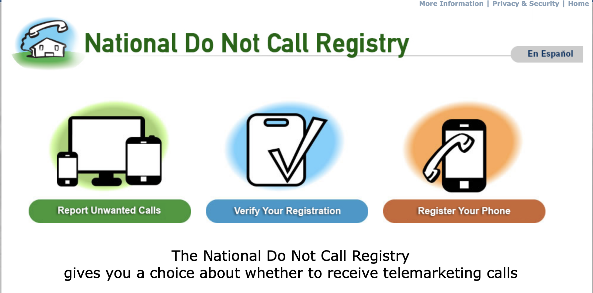 Options from the National Call Registry on reporting calls, registering your phone, and verifying registration