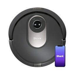 Shark robot vacuum and smartphone on purple Shark screen