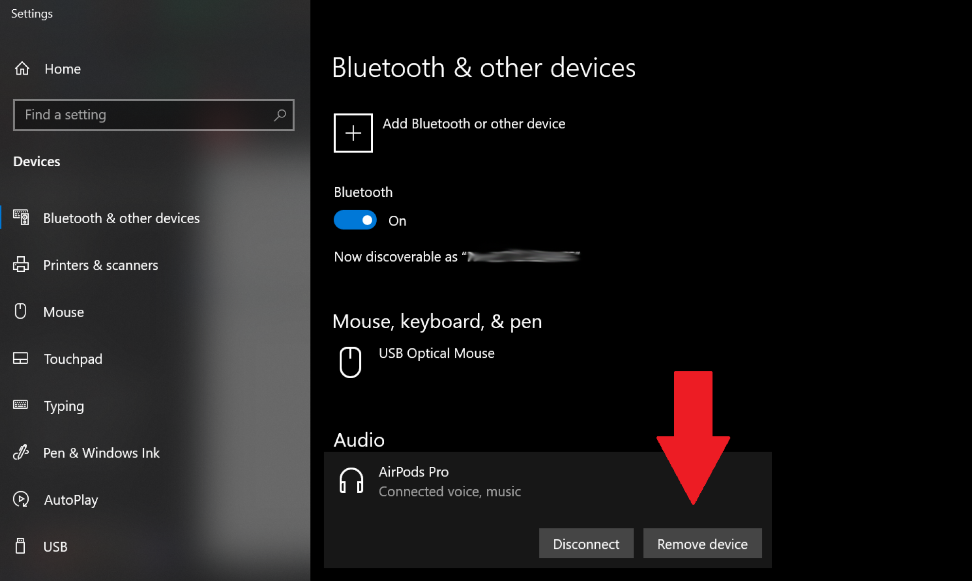 Windows PC settings showing remove device option
