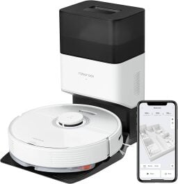 Roborock Q7 Max+ and smartphone with home map on screen
