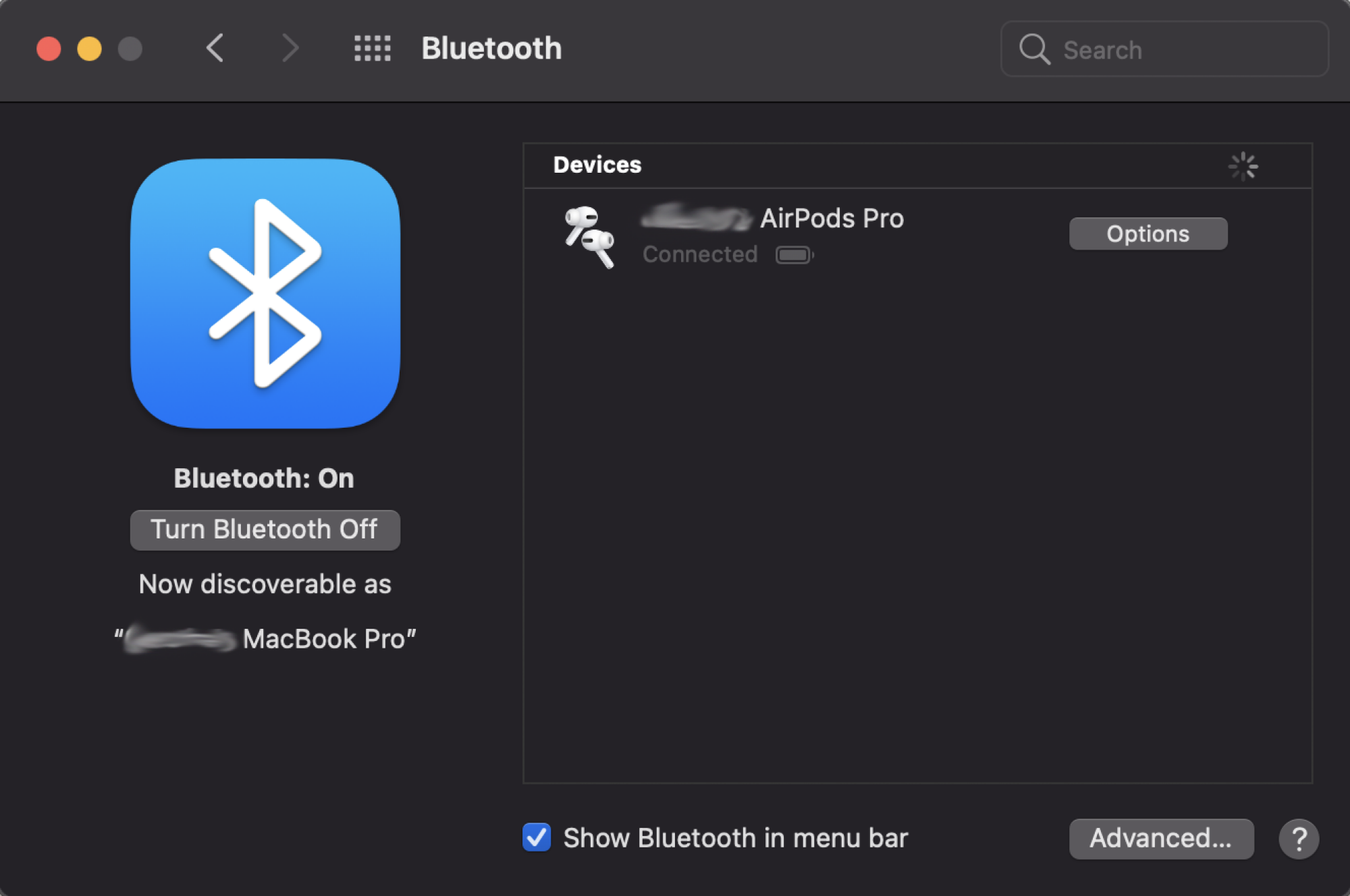 Bluetooth settings on a Macbook