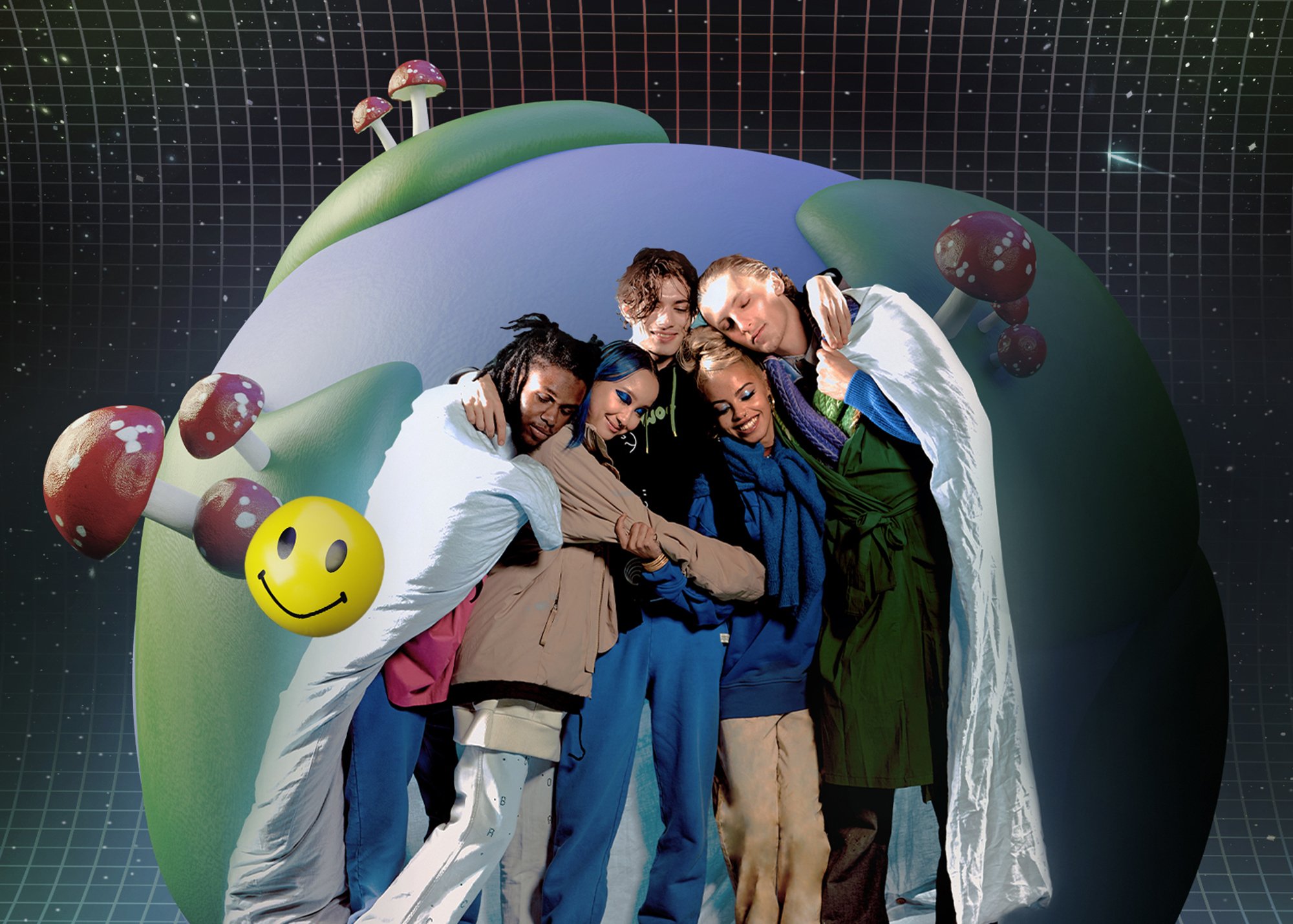 A campaign photo for the marketplace, with a group of models hugging against a background of a planet, a smiley face, and mushrooms.