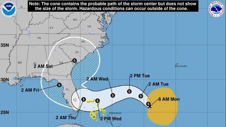 Graphic showing Tropical Storm Nicole path.