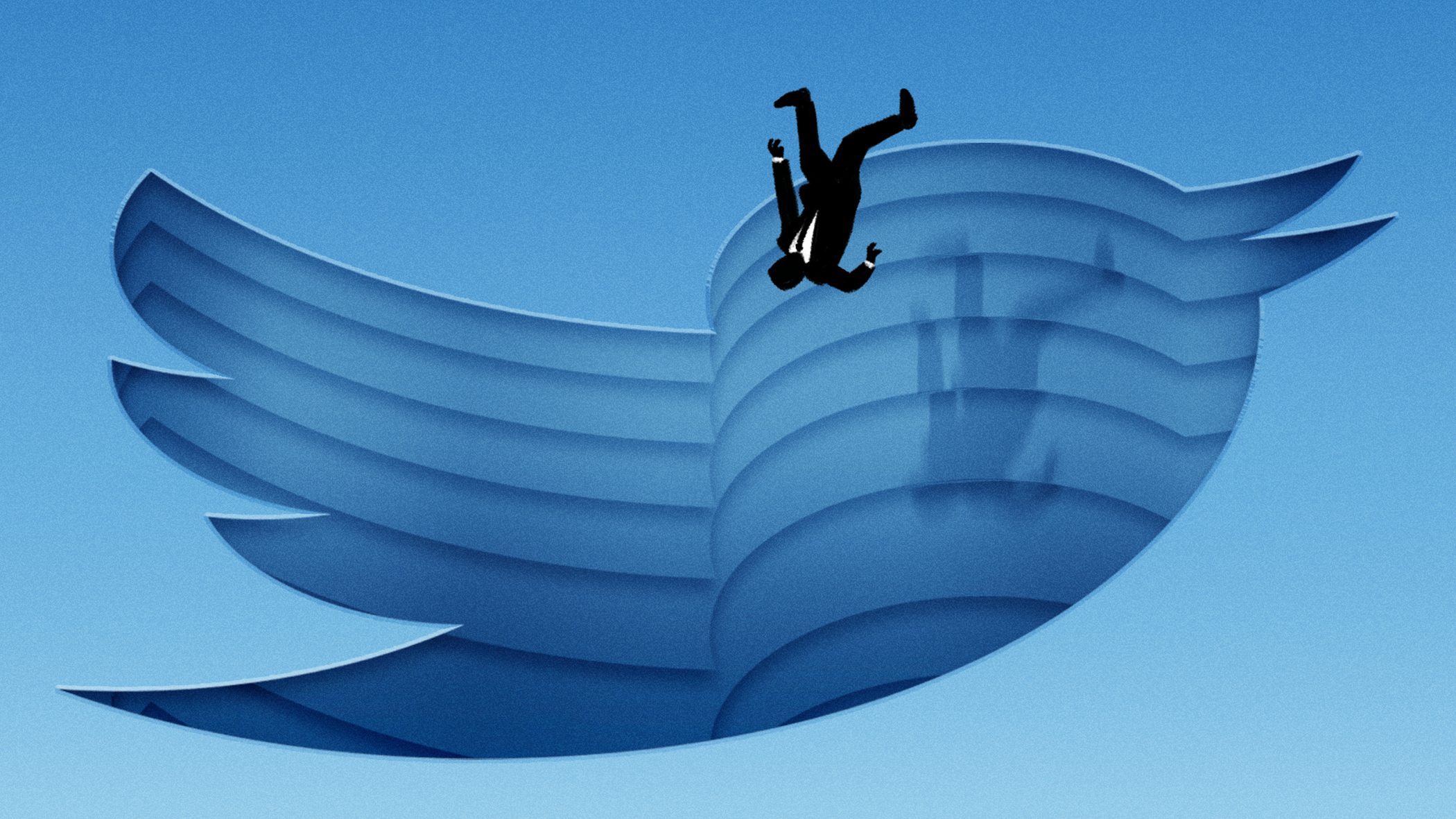 A cartoon man in a suit and tie falls through a blue background. Behind him is a large Twitter logo.