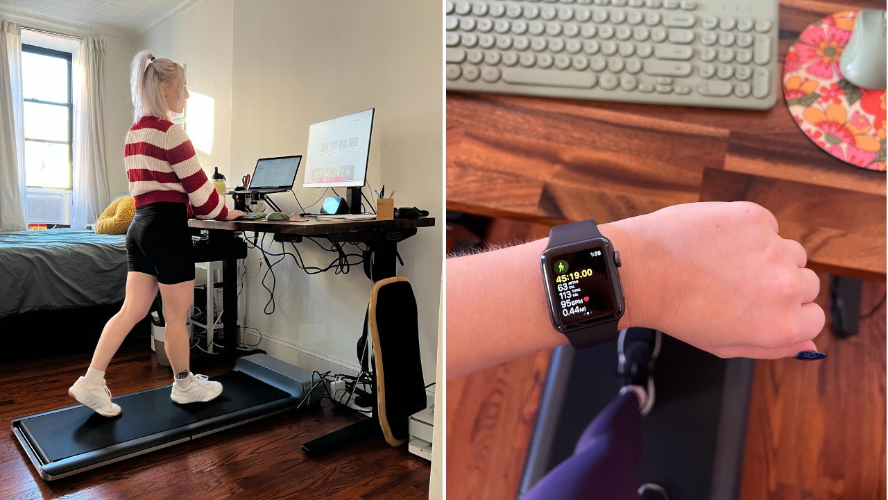 woman walking on treadmill while working at a standing desk / Apple Watch tracking walking workout with treadmill in the background