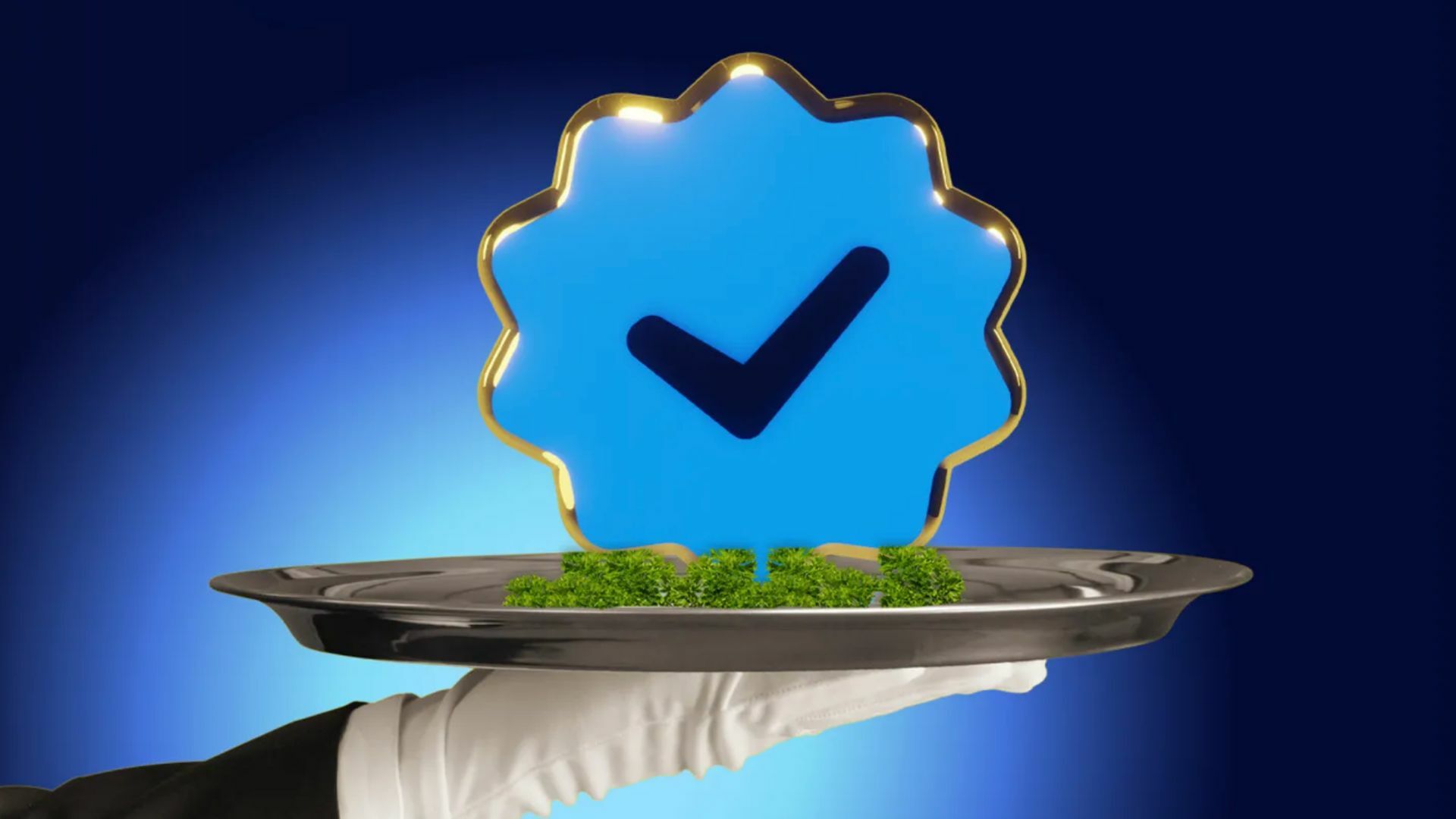 A blue tick sign on a platter.