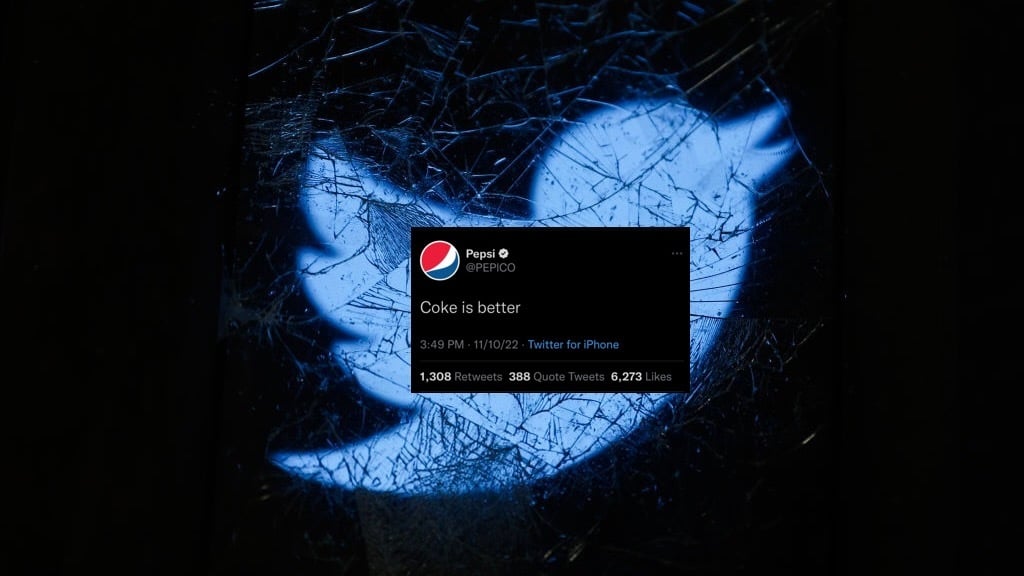 photo illustration of broken twitter logo with fake verified pepsi tweet
