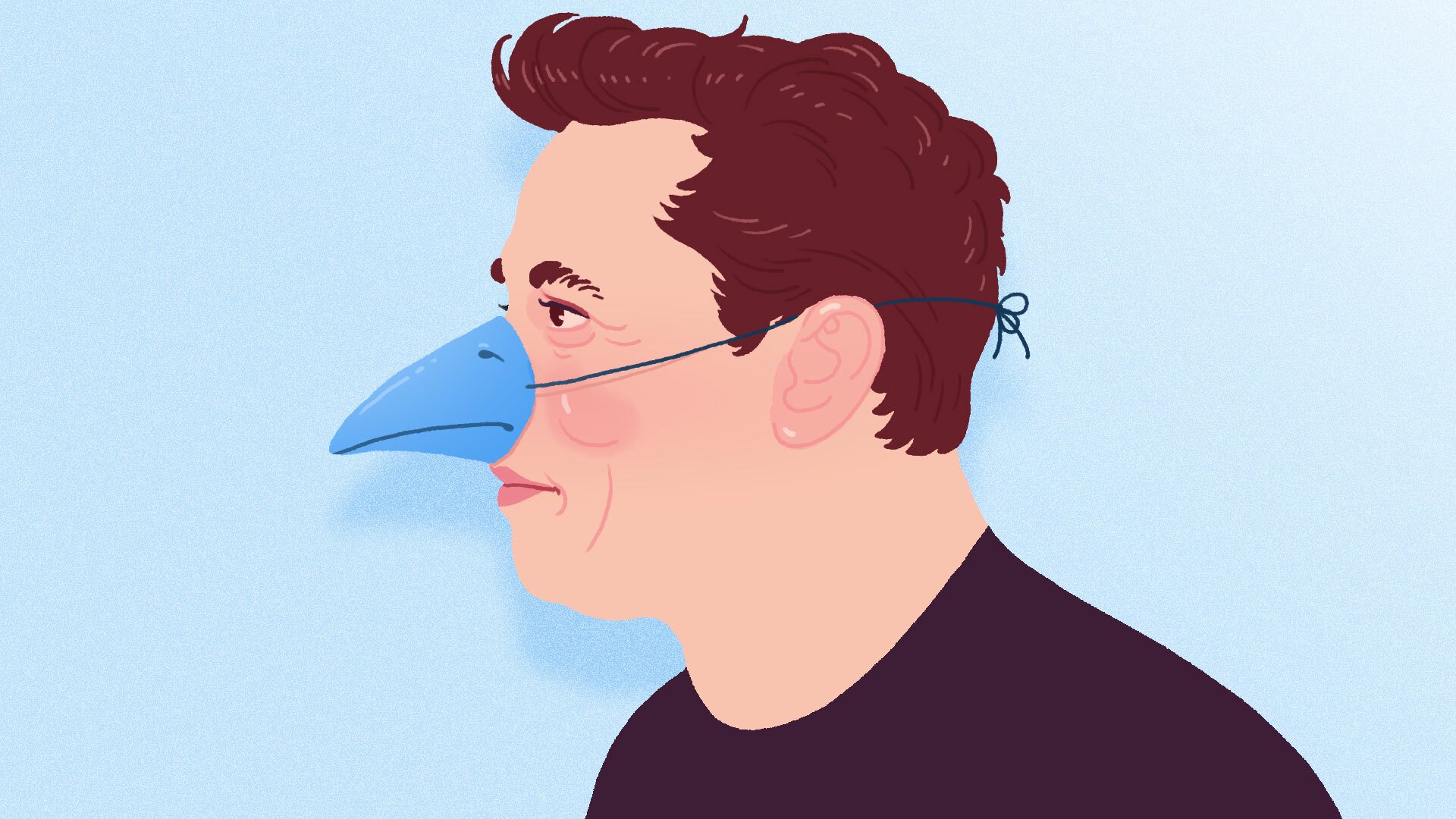 Elon Musk wearing a blue bird's beak.