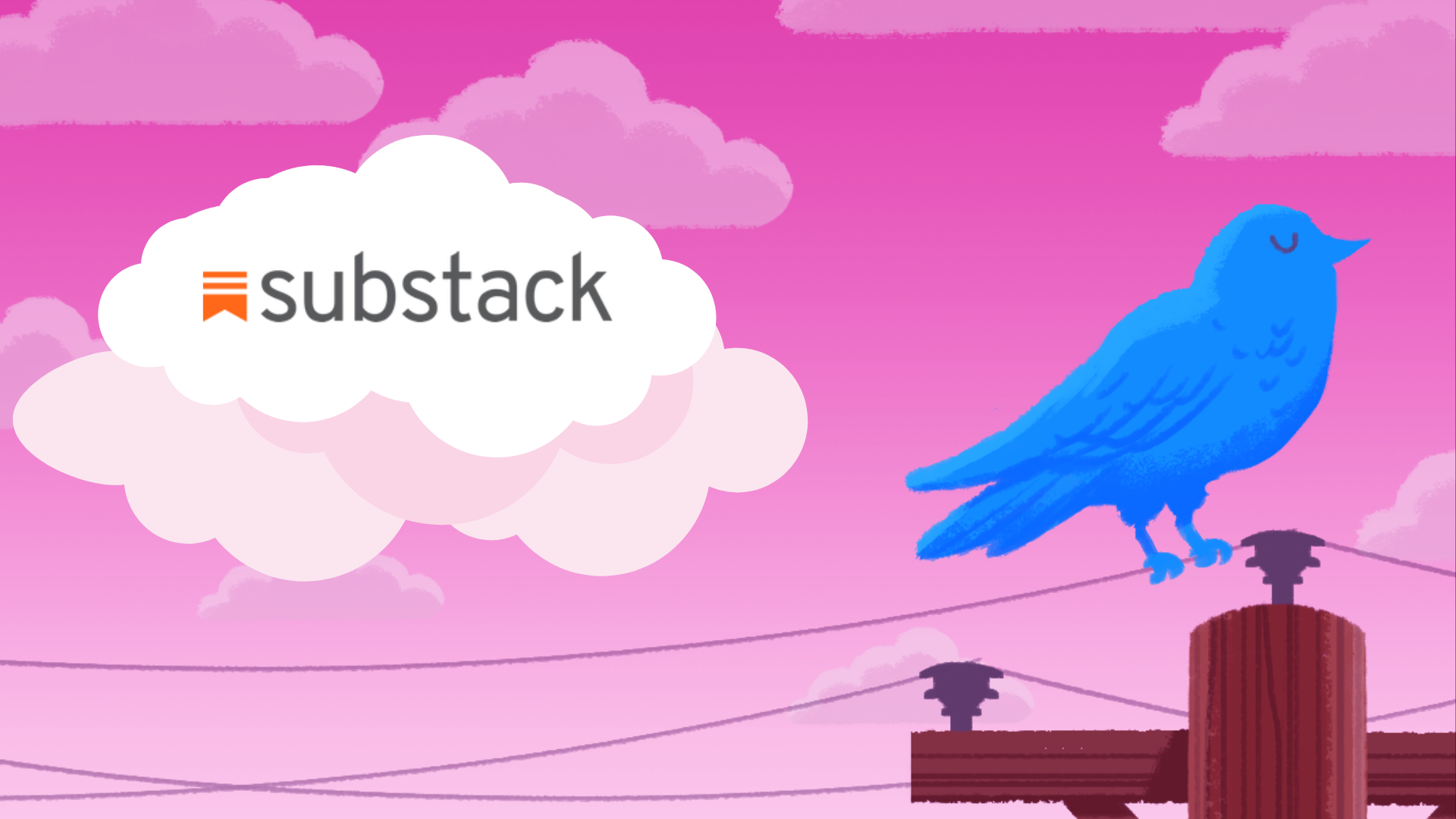 An illustration of a blue twitter bird sitting on a telephone wire. Behind it is a pink sunset and white cloud, one of which has the Substack logo on it.