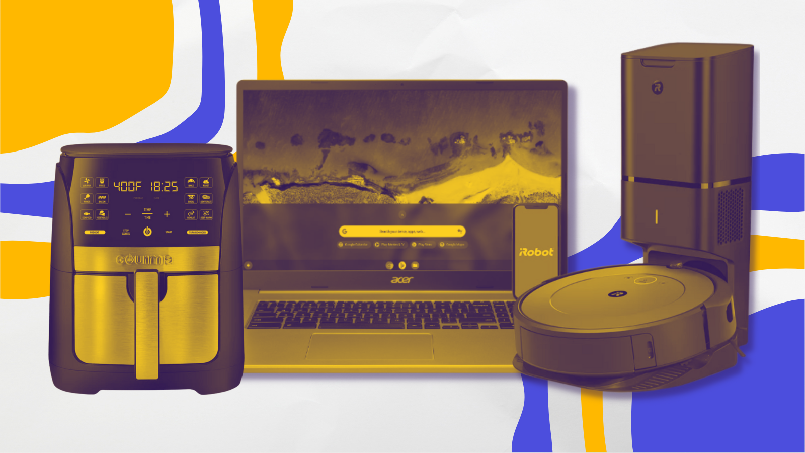 gourmia air fryer, acer 317 chromebook, and roomba i1+ robot vacuum with yellow tint in collage