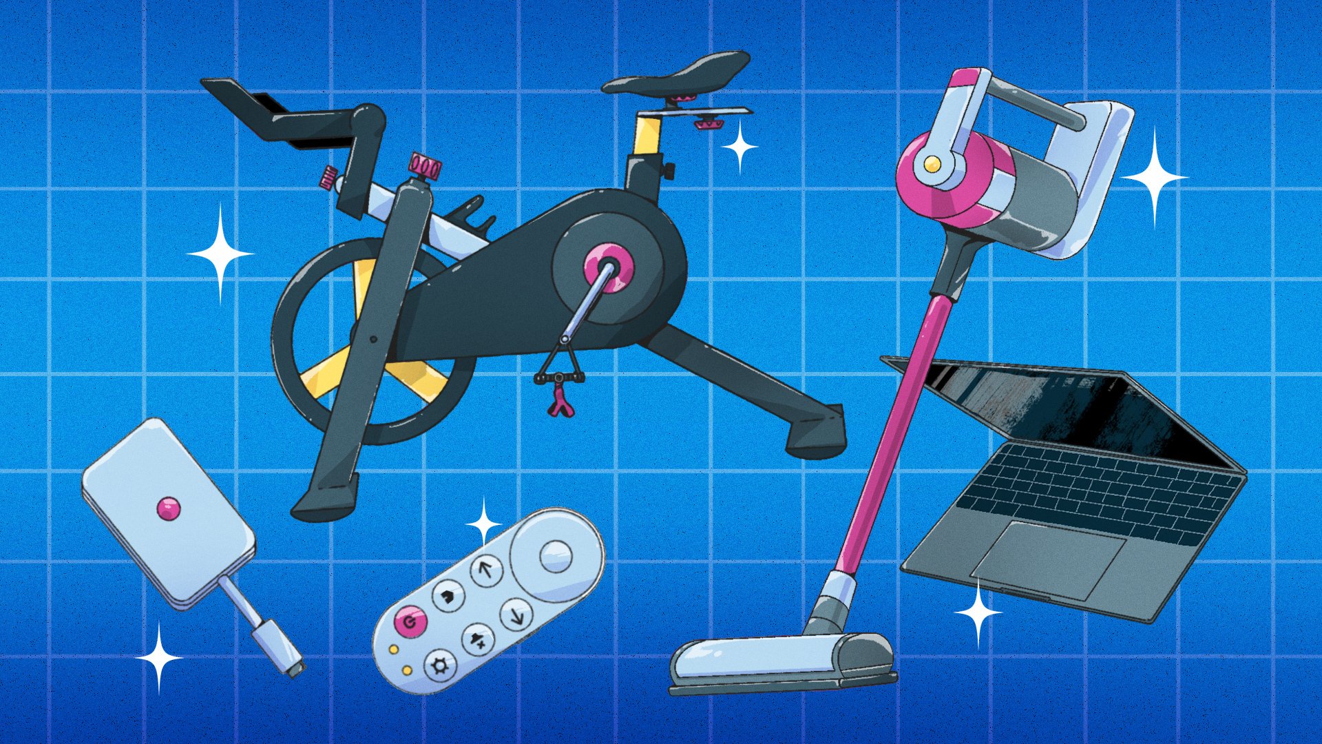 an exercise bike, a vacuum, and other consumer tech products