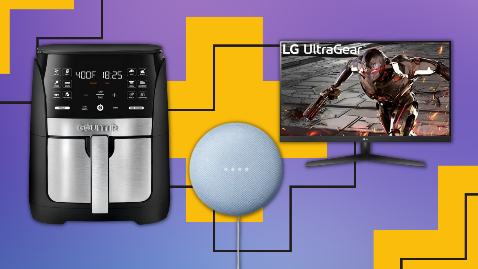 gourmia air fryer, google nest mini, and lg monitor with a purple and yellow background