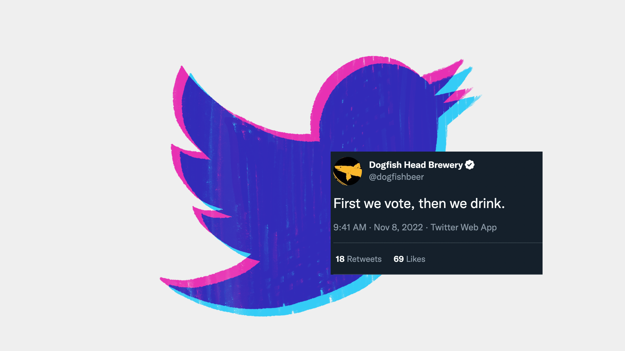 illustration of twitter logo and screenshot of joke about drinking and voting