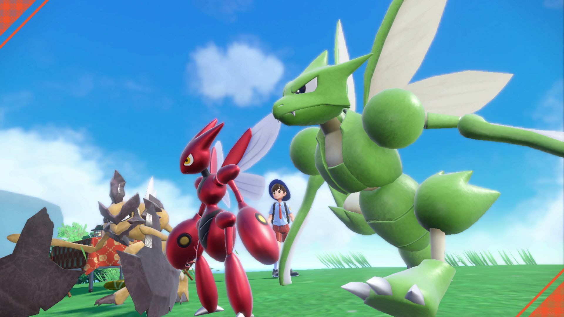 Scyther, Scizor, and Kleavor with Pokemon trainer