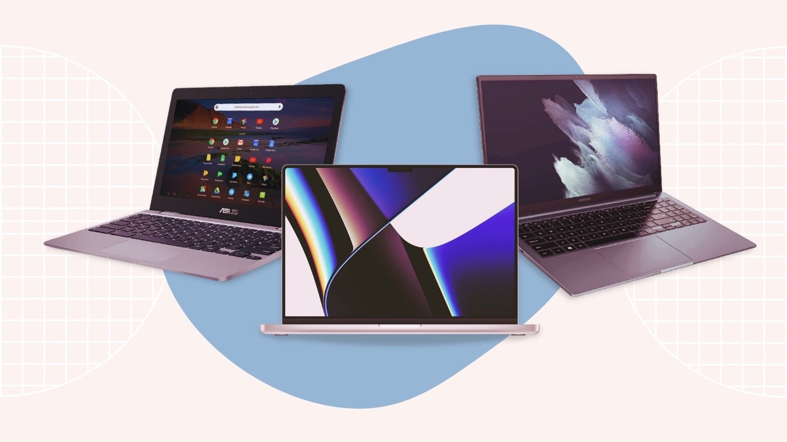 Three laptops featured in amazon's early black friday sale against a blue and pink geometric background.