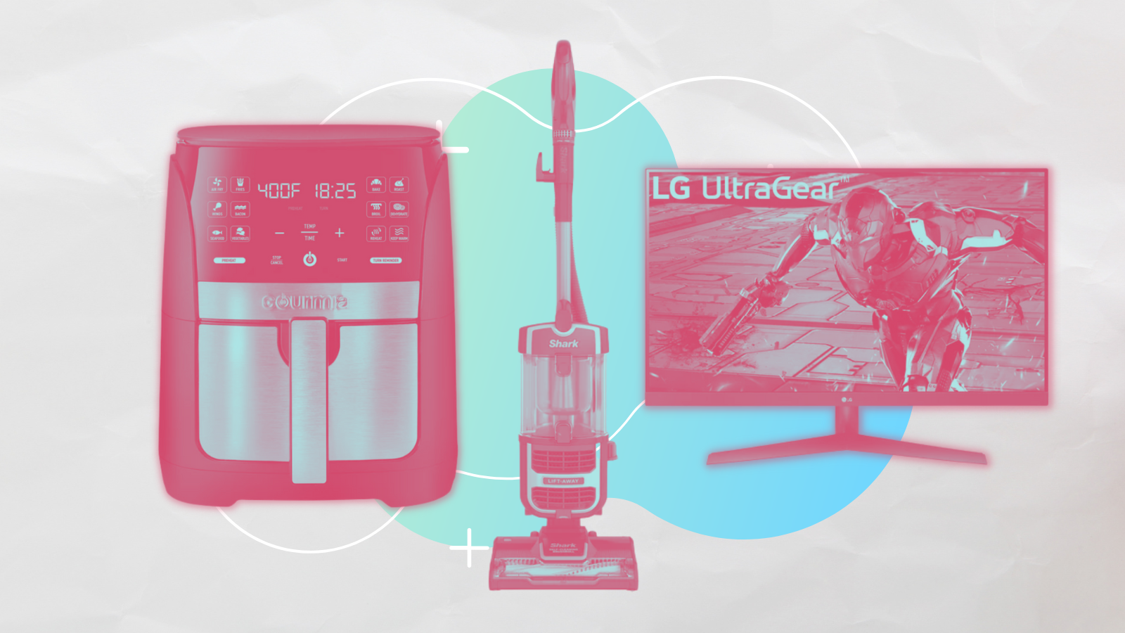 gourmia air fryer, shark navigator vacuum, and lg monitor with pink tint and blue and gray background