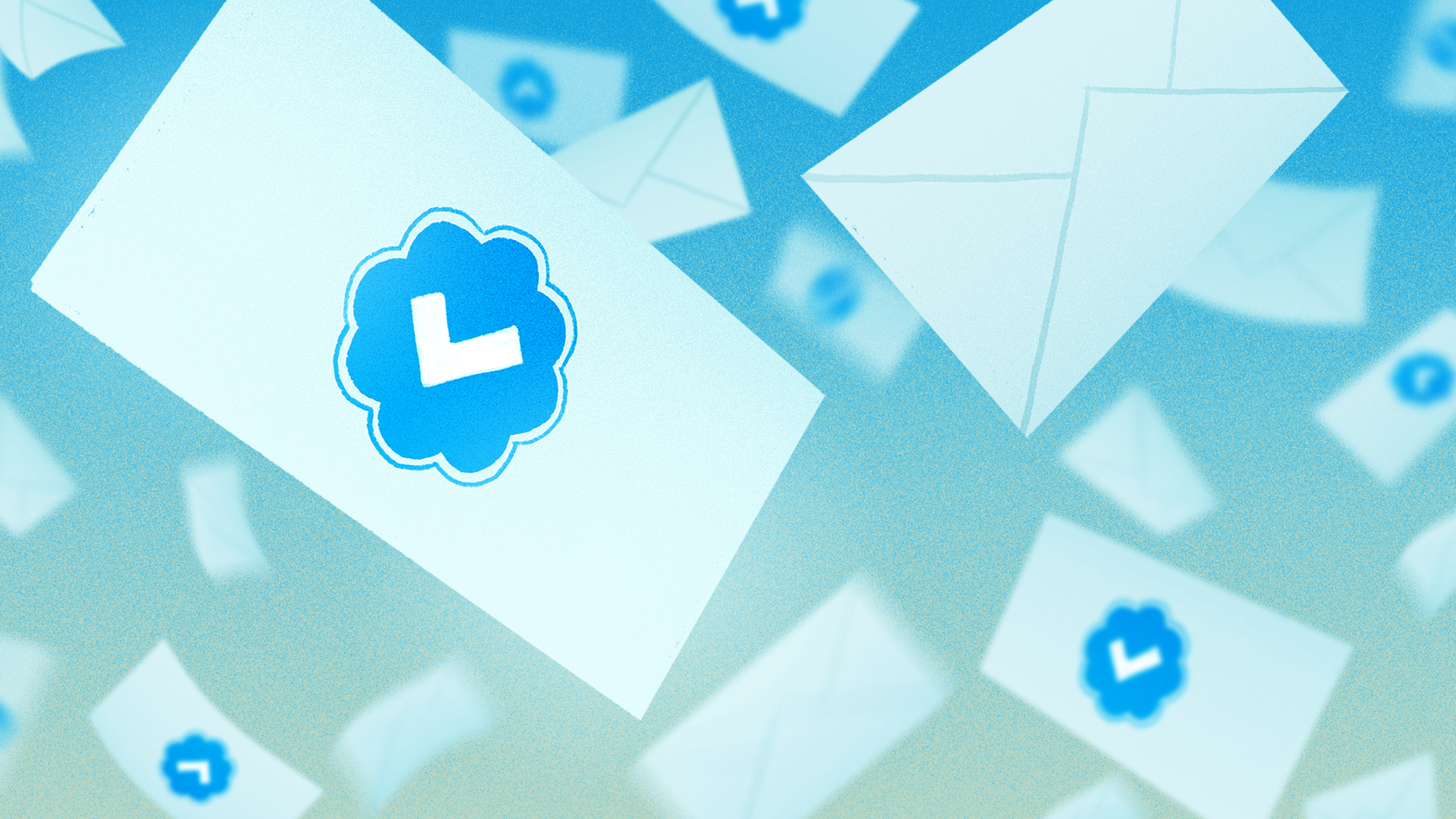 An illustration of envelopes stamped with a Twitter-style blue tick floating through the air.