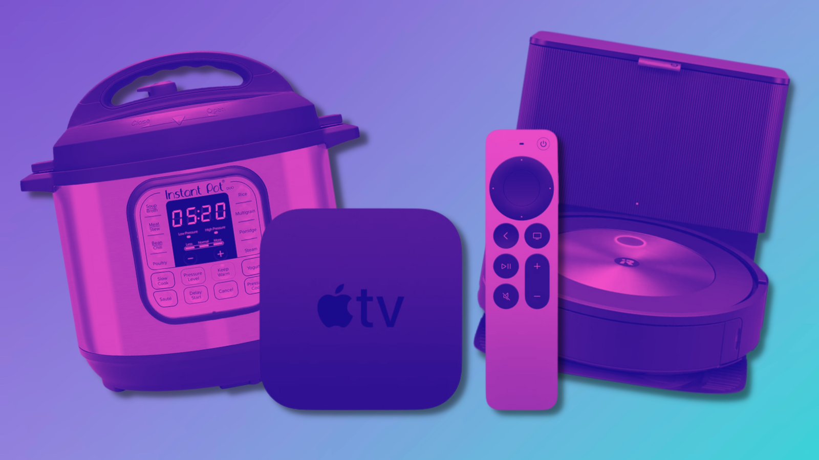 instant pot, apple tv, and roomba j7 plus with purple tint on blue background