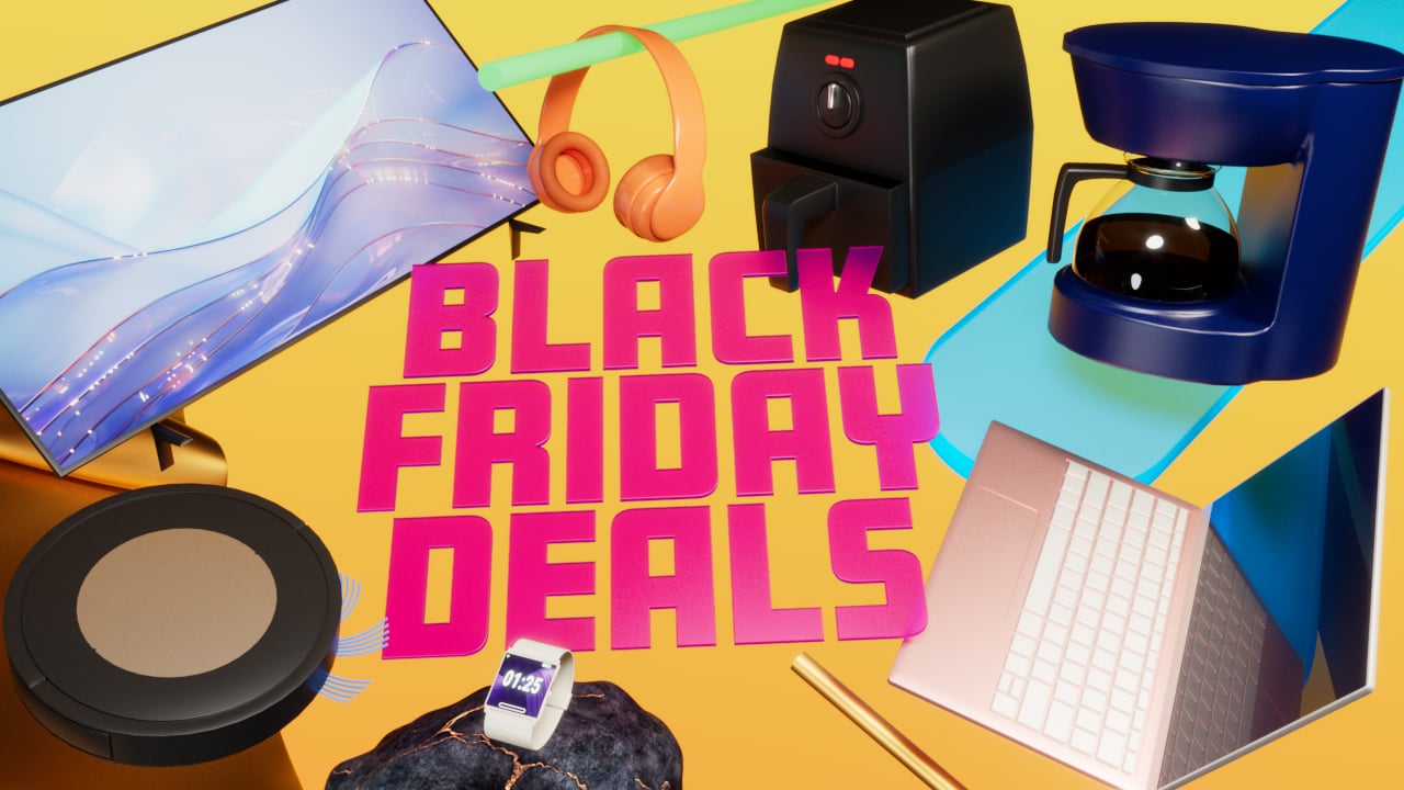 laptop, coffee maker, TV, headphones, robot vacuum, and air fryer surround the words Black Friday Deals